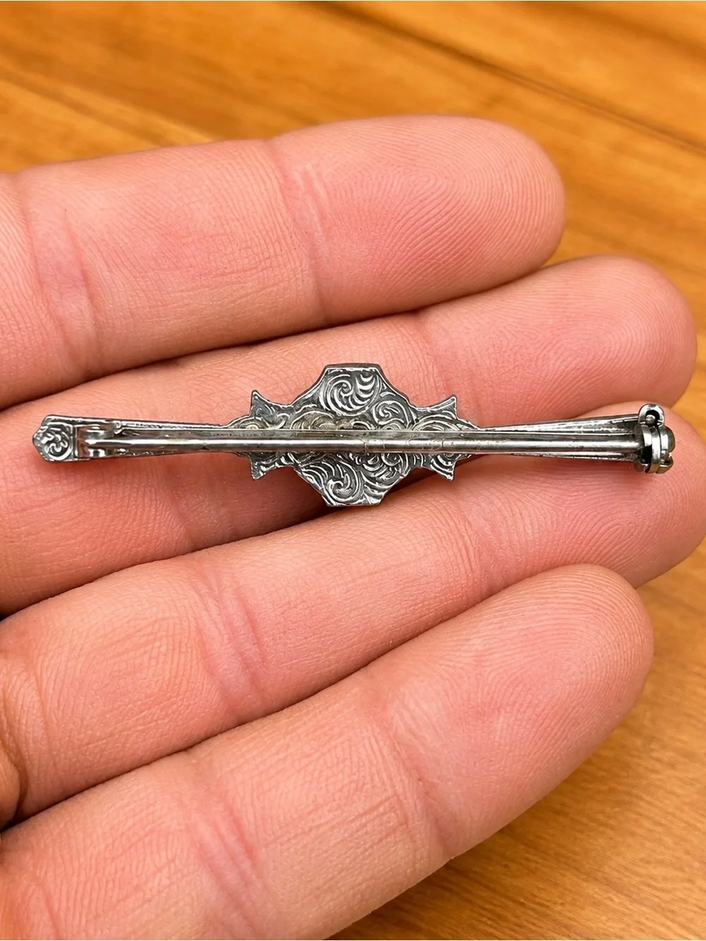 Art Deco Style Faux Pearl Bar Brooch Silver Tone Ornate Vintage Look Pin 2”
